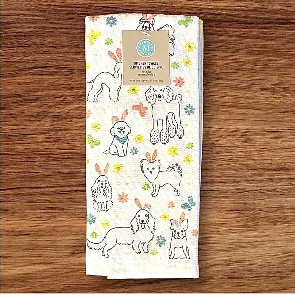 Martha Stewart 3 Pc Easter Kitchen Towels Dogs With Bunny Ears NWT - Picture 2 of 5